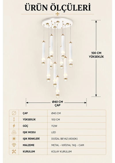 Modern Premium 10'lu Led Gold Beyaz Sarkıt Avize 112w 4000k Dekoratif Salon Avizesi