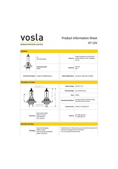 Vosla 12v H7 Ampul Halogen 55w Px26d 28328 2 Li