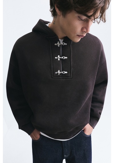 Vamos Boxy Fit Metal Klips Kapama Sweatshirt Kahve