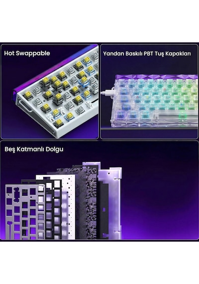 Aula Hero 68 He Manyetik Klavye Rapid Trigger Silver Switch 8000hz Rgb Neon Tkl Hot Swap Oyuncu Klavyesi Şeffaf