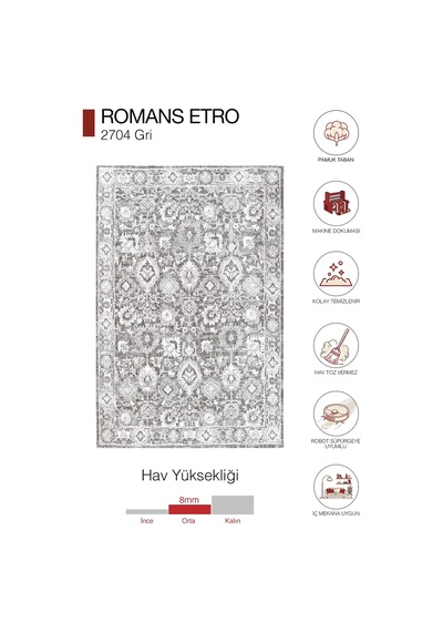 Hoom Rugs Etro 2704 Gri Vintage Desenli Salon Halısı