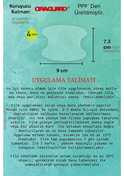 Araba Kapı Kolu İçi Koruyucu Ppf Film 4 Parça Alman Malı Parlak Şeffaf Boya Çizik Önleyici Tırnak Koruma Sticker 4 Adet