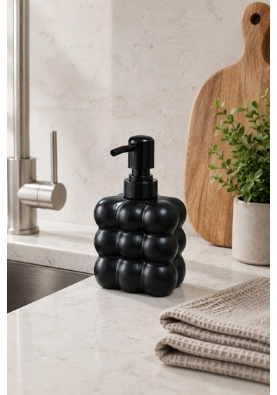 Modern Bubble Sıvı Sabunluk 400 Ml Siyah Pompalı Kabarcık Desenli Banyo Ve Mutfak Tezgâh Üstü Dispenser - 15 Cm X 9 Cm X 6,5 Cm