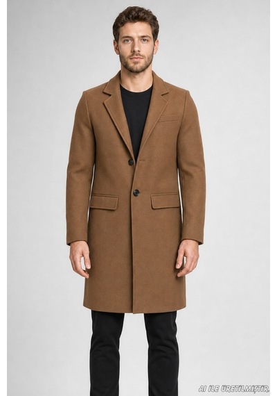 Freemen Erkek Slim Fit Klasik Yaka 3 Düğmeli Uzun Kaşe Kaban-425 Vizon