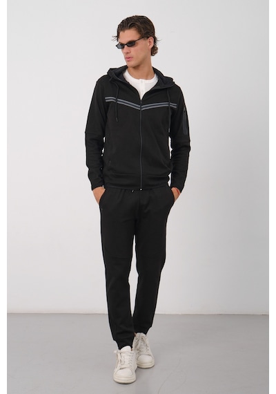 Dechers Erkek Siyah Tech Fleece Double Face Kapüşonlu Fermuarlı Eşofman Takımı - E228