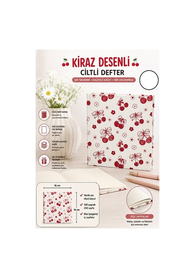Kiraz Figürlü Kare Not Defteri 16x16cm 1 Adet Lizz Sert Kapak 120 Yaprak Ciltli Çizgisiz Özel Anı Günlük Defteri Beyaz