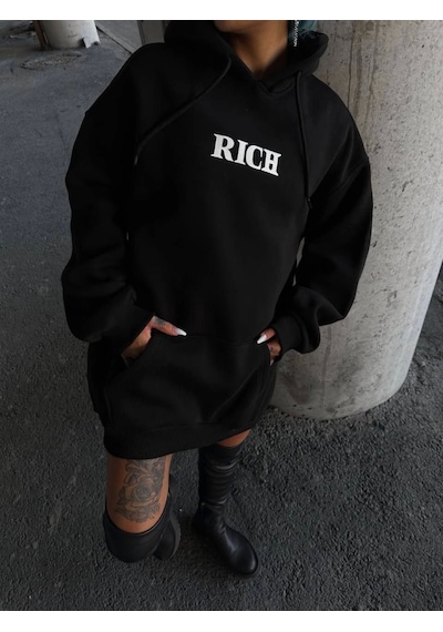 Etiler Collection Uzun Kol Kapşonlu Göğüs Baskılı Sweatshirt - Siyah