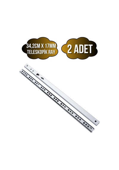 Teleskobik 17mm Çekmece Rayı Gömme Bilyeli İnce Ray 17mm 34,2cm 2 Takım Krom Çok Renkli