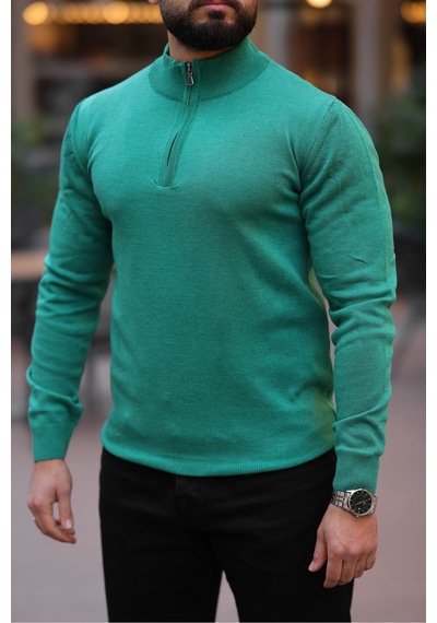 Slim Fit Fermuarlı Kazak Yeşil