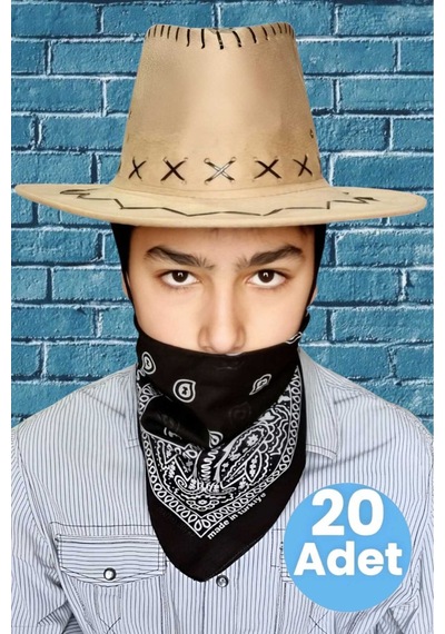 Uniquetrenders Çocuk Unisex Bandanalı 20'li Nubuk Kovboy Şapkası 8-14 Yaş Koyu Bej 3