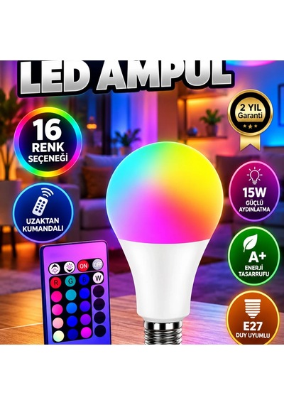 16 Renkli Rgb Led Ampul 15w A+ E27 Uzaktan Kumandalı Dekoratif Lamba