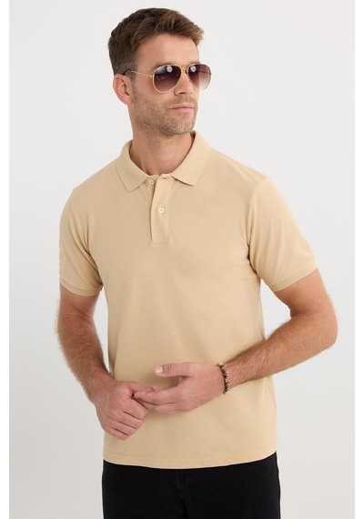 Tudors Erkek Slim Fit Dar Kesim Pamuklu Yumuşak Dokulu Serin Tutan Kumaş Düz Pike Kum Beji Polo Yaka Tişört-33706 Bej