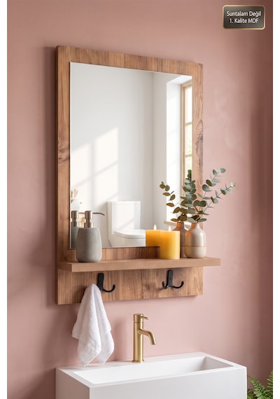 Antik Ahşap Dekoratif Ayna Raflı Askılıklı Banyo Oda Lavabo Wc Dresuar Koridor Konsol Mutfak Makyaj Aynası Dz-1 Antik Çam
