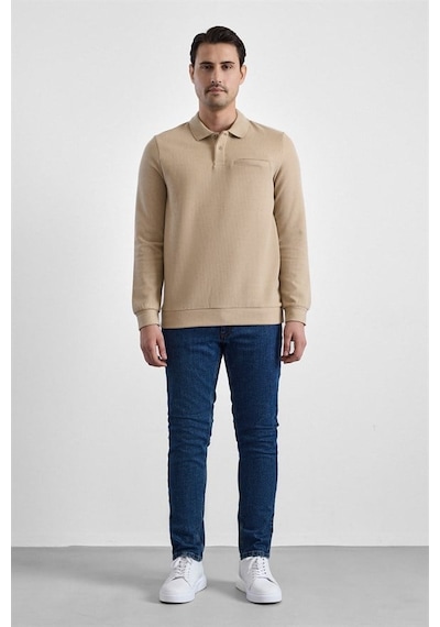 Süvari Bej Regular Düz Fermuarlı Polo Yaka Sweatshirt Sw2013700028-bj3