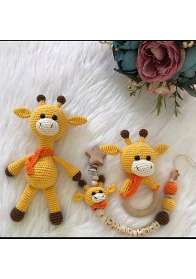 Dukakidstoys Minik Zürafa Uyku Arkadaşı Ve Çıngırak Seti Emzik Zinciri Oyuncak Sarı - Turuncu