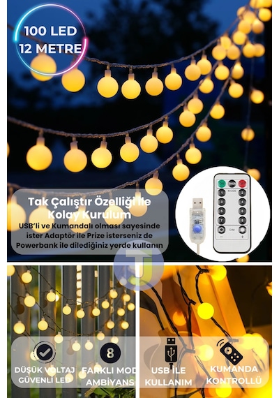 Technojet 100 Top Ledli Usbli Kumandalı 8 Modlu Led Işık Parti Süsleme Organizasyon 12 Metre