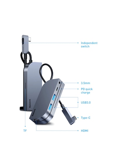 Baseus Bending Angle No.7 Çok Fonksiyonlu 6 Port Type-C Hub (Cah-Gri (124797448)