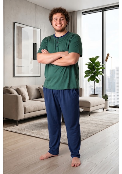 Bravie Erkek Yakası Düğmeli Altı Uzun Kısa Kollu Pamuklu Büyük Beden Yazlık Pijama Takımı Yeşil Yeşill