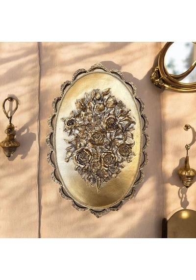 Dekoratif Polyester Pano Çiçek Tablo Gül Gold Eskitme