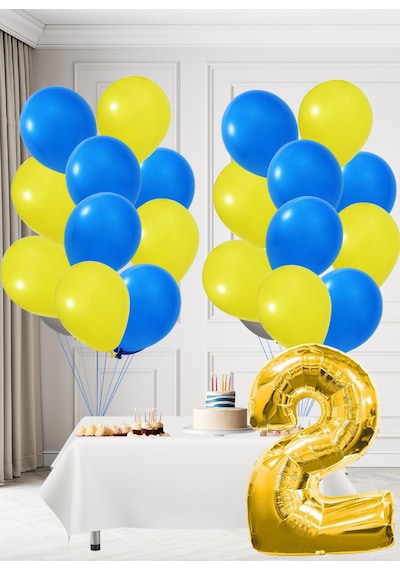 2 Yaş Sarı Lacivert Taraftar Temalı Doğum Günü Seti Sarı Lacivert Balonlar Altın Folyo Rakam Sarı