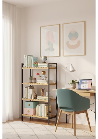 Exent Dekoratif Metal Kitaplık 4 Raflı Ahşap Kitaplık, Çalışma Odası Kitaplık Ahşap