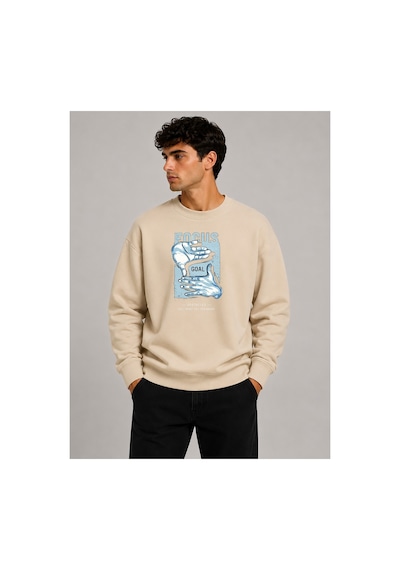 Herkesemoda Focus Baskı Detaylı Bisiklet Yaka Şardonlu 2 İplik Sweatshirt Bej