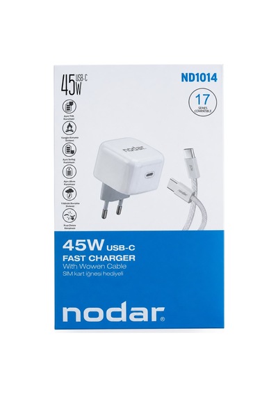 Nodar Nd1014 Type-c Hızlı Şarj Seti 45w 1 M Örgülü Kablolu Beyaz