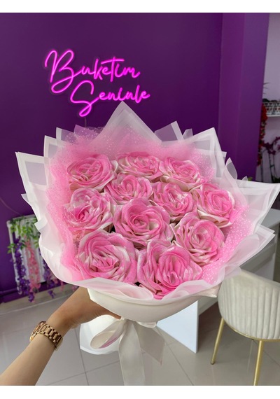 11'li Pembe Simli Solmayan Saten Gül Buketi, Sevgiliye Hediye Açık Pembe
