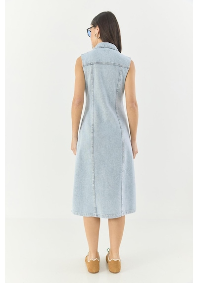 Shade Kadın Belden Oturan Cepleri Kapaklı Sıfır Kollu Düğmeli Denim Elbise 3575 60283288 - Buz Mavisi