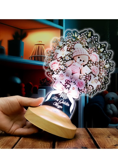 Yeni Doğan Kız Bebek Hediyesi Pembe Ayıcık Işıklı Çiçek Buketi Led Lamba - Kişiye Özel Kız Hoş Geldin Bebek Hediyesi