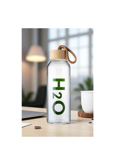 Cam Matara - 800 Ml Bambu Kapaklı Borosilikat Cam Matara - Ofis Matarası 721961 Yeşil