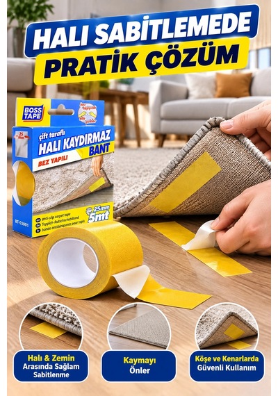 Çift Taraflı Halı Kaydırmaz Bant 25 Mm 5 Metre Bez Yapılı Halı Sabitleme Bandı