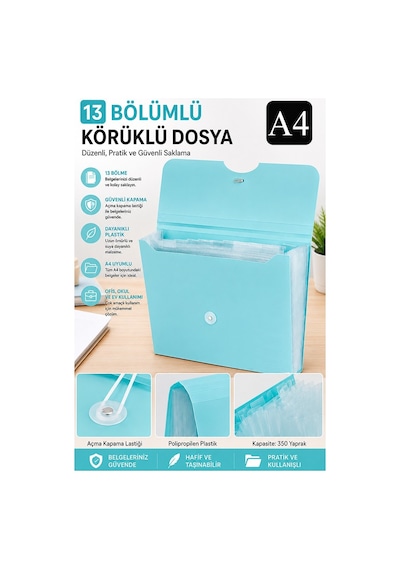 Körüklü Dosya 13 Bölmeli Pastel Renkler 1 Adet A4 Akardiyon Dosya Düzenleyici 13 Cepli Lastikli Dosya Belge Düzenleyici Mavi