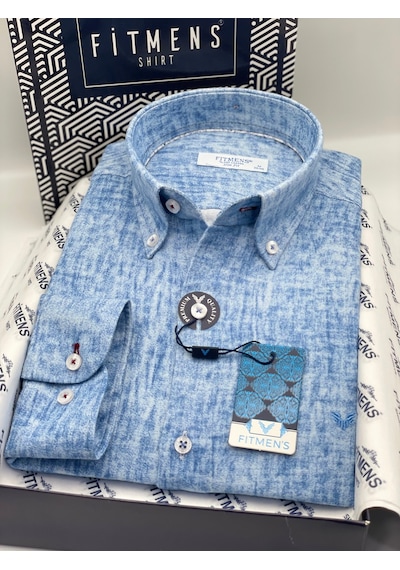 Slim Fit Uzun Kol Müslin Dijital Baskılı Hediye Kutulu Erkek Gömlek Fs-004599 - Mavi-3361 MAVİ