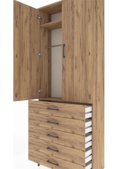 Arges Dolap 2 Raflı 5 Çekmeceli Tek Askılı 88x30x221 Çam-çam Çam
