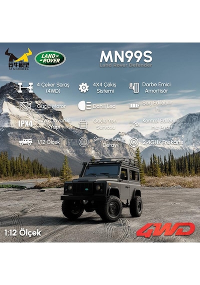 Mn Model Mn99s V2 1/12 Land Rover Defender 4wd Rc Model Crawler Offroad Uzaktan Kumandalı Araba Truck Rtr Lisanslı Gümüş+dahili Işık Seti Mn-99s V2