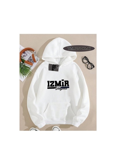 Tarzsokak Kapşonlu Sweatshirt Beyaz İzmir Smyrna Özel Tasarım Plaka Detaylı