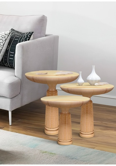 Simillo Wood Wooden Ahşap 3 Lü Set Fitilli Mantar Yan Sehpa Modern Fiskos / Çiçeklik / Zigon Sehpa Ahşap