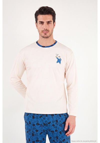 Buratti Baskılı Pamuklu Bisiklet Yaka Uzun Kollu Pijama Takımı Erkek Pijama Takımı 6575004 İndigo