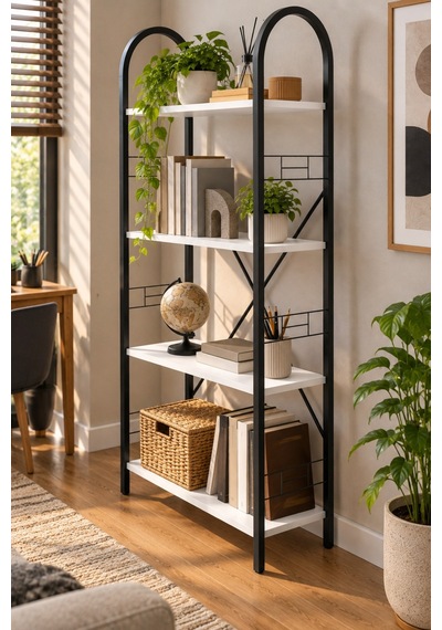 Sulorahome Beyaz Metal İskeletli 4 Raflı Çok Amaçlı Kitaplık Ve Raf Ünitesi 150 Cm Antrasit