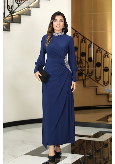 Raika Moda Taş Detaylı Lavinni Tesettür Abiye Elbise İndigo