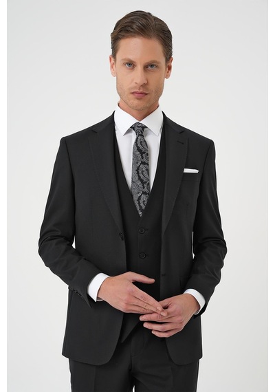 Efor Slim Fit Düz Esnek Yelekli Klasik Siyah Takım Elbise Tk 894 Siyah