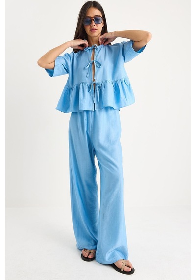 Shade Kadın Bağlama Detaylı Kısa Kollu Bluz Pantolon Alt-üst Takım 9265 60281014 - Bebe Mavisi