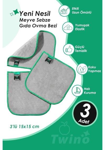 Twino 3'lü Meyve Sebze Ovma 15x15 Güçlü Mikrofiber Islak Kuru Temizlik Mutfak Gıda Temizleme Bezi