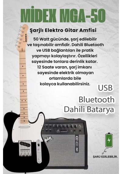 Midex Tlx-50wb-50amp Tele Kasa Maple Klavye 2 Single-coil 50w Amfili Elektro Gitar