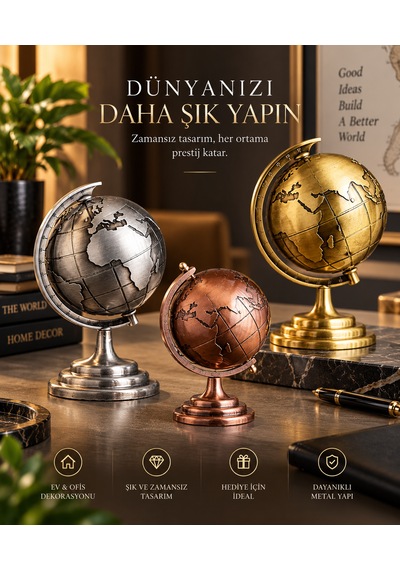 Dekoratif Metal Dünya Küresi Gold