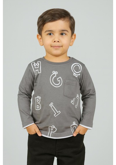 Harf Baskılı Mevsimlik Erkek Çocuk Sweatshirt-90756 Gri