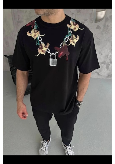 Barlashive Erkek Baskılı T-shirt Kısa Kol Bisiklet Yaka Regular Fit Rahat Tişört - Siyah Çok Renkli