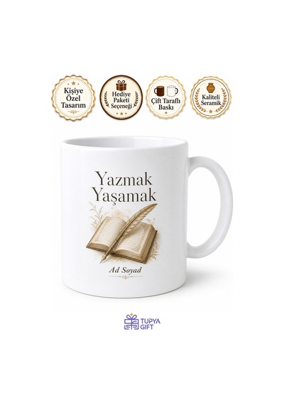 Yazmak Yaşamak Yazılı Baskılı Kupa Bardak Hediye Yazarlar İçin Özel Tasarım Beyaz / Çok Renkli
