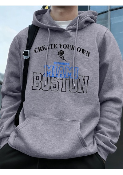 Startmore Tarzsokak Miami Boston Mektup Baskı Kapüşonlular Erkekler Kış Polar Sıcak Kazak Koşu Cep Kazak Sportif Gri